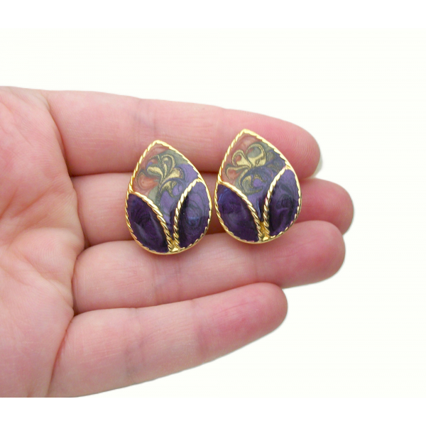 Vintage Purple Orange and Gold Enamel Clip on Earrings Teardrop Shaped