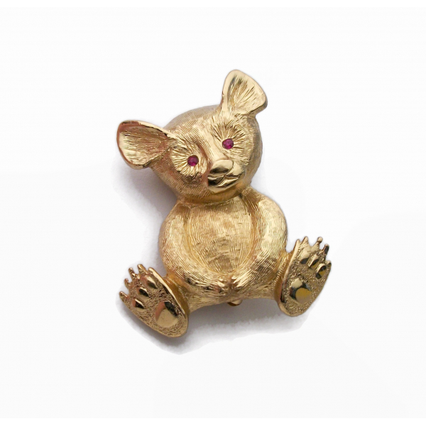Vintage Napier Koala Bear Brooch Gold with Pink Rhinestone Eyes Teddy Bear Pin
