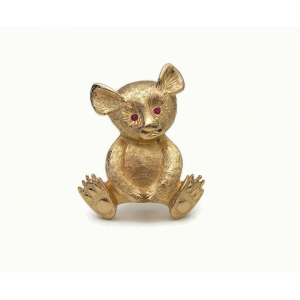 Vintage Napier Teddy Bear Brooch Gold with Pink Rhinestone Eyes Brushed Gold