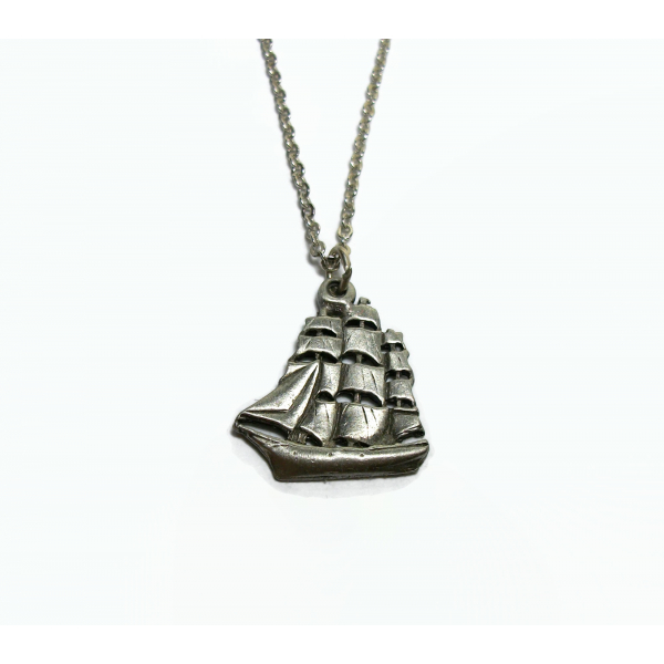 Pewter Sailing Ship Pendant Necklace Pewter Silver Vintage Frigate Tall Ship 18"