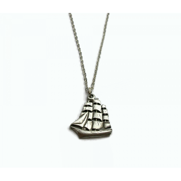 Pewter Sailing Ship Pendant Necklace Pewter Silver Tall Ship 18 inch Chain