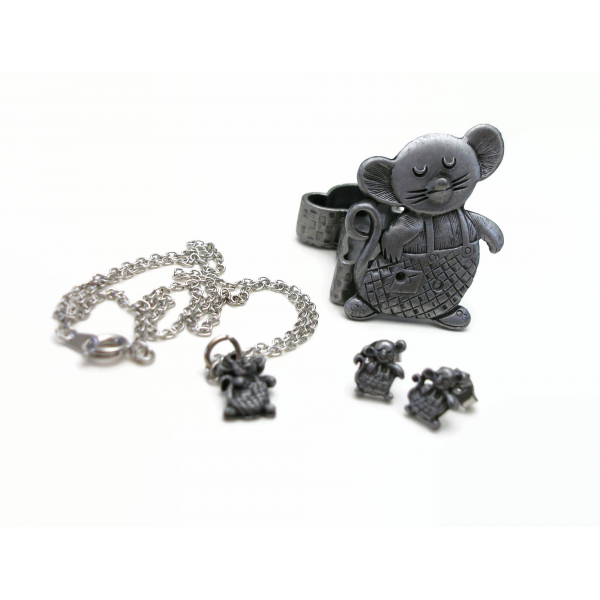 Vintage Torino Pewter Mouse Necklace Earrings Brooch Pin Jewelry Trinket Box Set