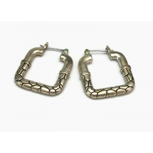 Vintage Silver Tone Square Hoop Earrings For Pierced Ears Silver and Black