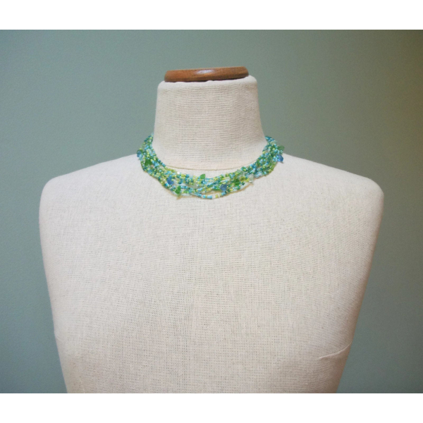 Vintage Blue and Green Glass Bead Multi Strand Choker Necklace Seed Beads