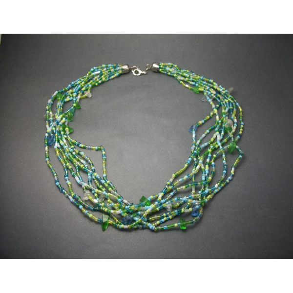 Vintage Blue and Green Glass Bead Multi Strand Choker Necklace Seed Beads