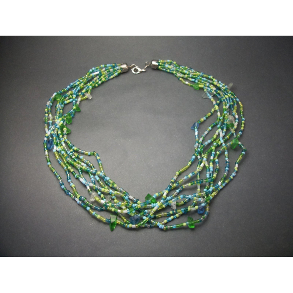 Vintage Blue and Green Glass Bead Multi Strand Choker Necklace Seed Beads