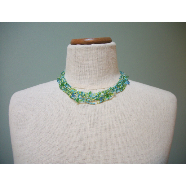 Vintage Blue and Green Glass Bead Multi Strand Choker Necklace Seed Beads