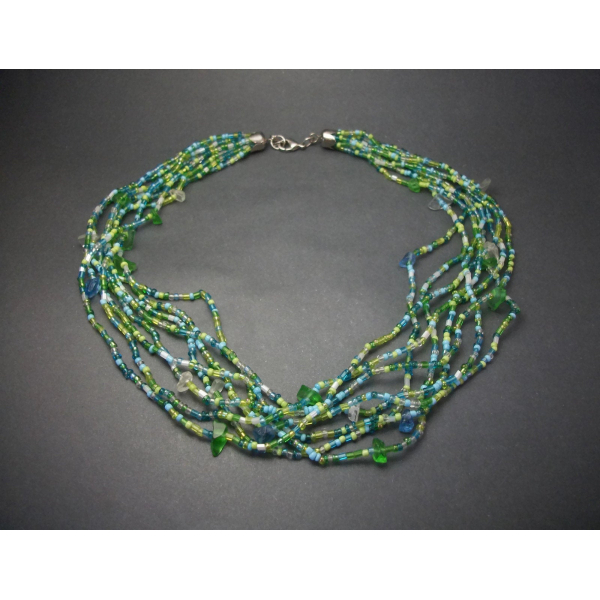 Vintage Blue and Green Glass Bead Multi Strand Choker Necklace Seed Beads