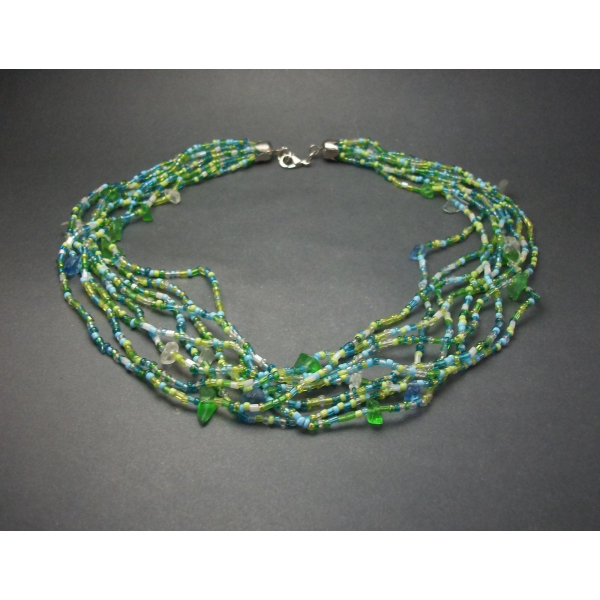 Vintage Blue and Green Glass Bead Multi Strand Choker Necklace Seed Beads