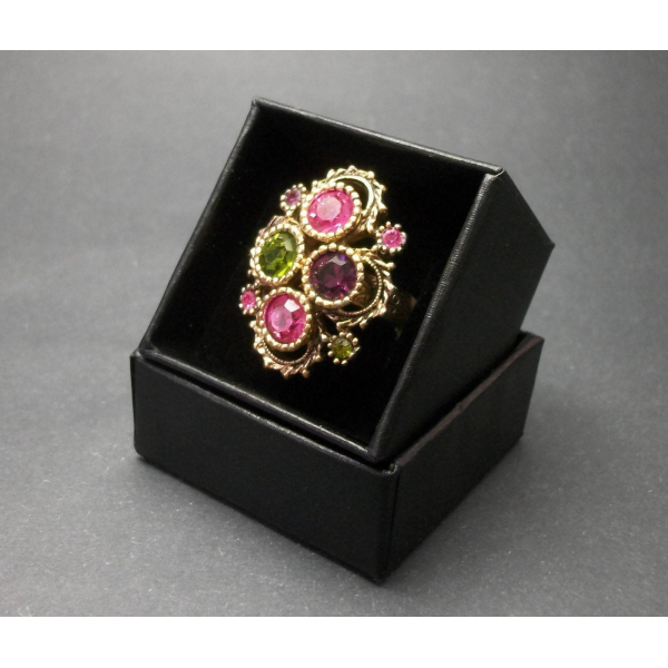 1970s Sarah Coventry Ring Pink Green Purple Crystals Adjustable size 6 7 8