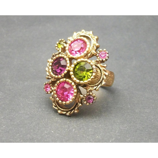 1970s Sarah Coventry Ring Pink Green Purple Crystals Adjustable size 6 7 8