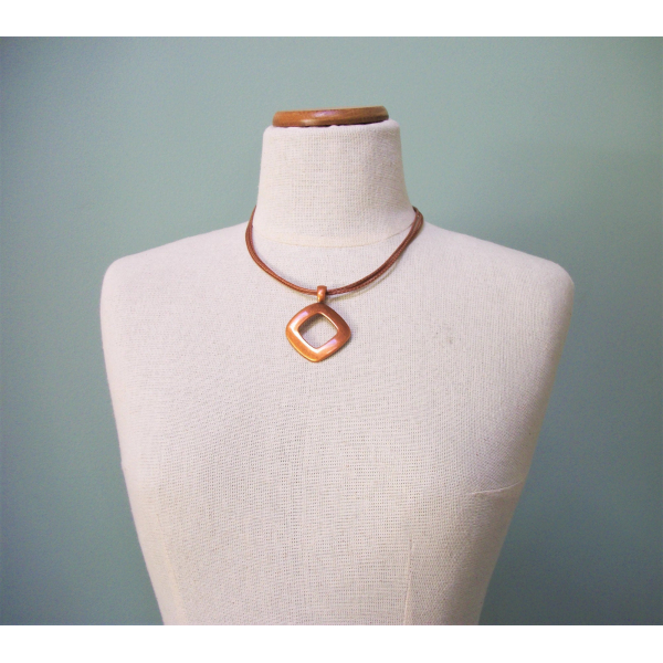 Vintage Copper Pendant Necklace on Multistrand Cord Geometric Metal Jewelry