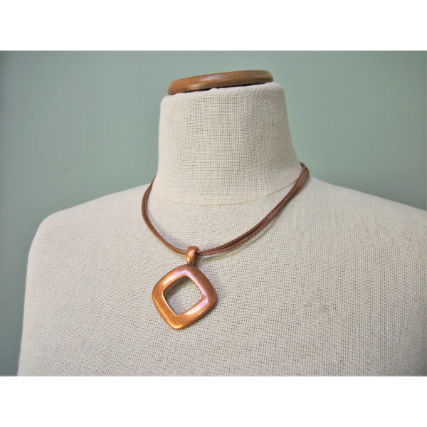 Vintage Copper Pendant Necklace on Multistrand Cord Geometric Metal Jewelry