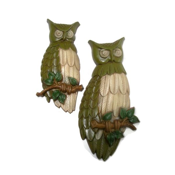 Vintage 1969 Sexton Metal Owl Wall Plaques Avocado Olive Green 1960s Home Decor