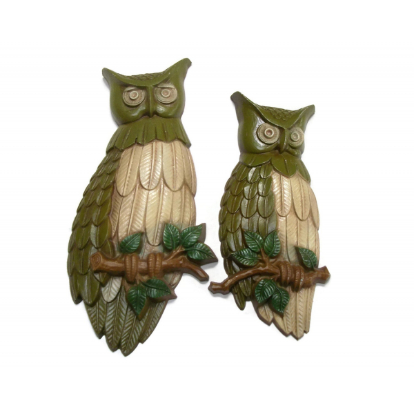 Vintage 1969 Sexton Metal Owl Wall Hanging Plaques 1960s Avocado Olive Green