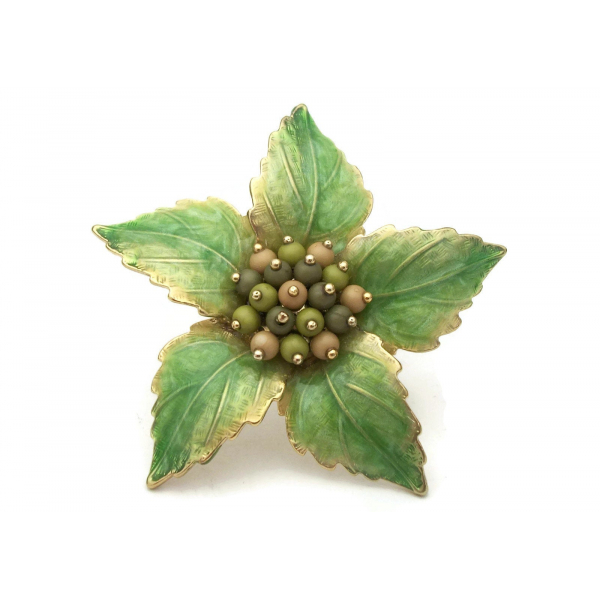 Liz Claiborne Enamel Green Leaves Floral Brooch Gold Shiny Enamel Flower
