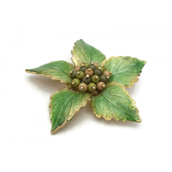 Liz Claiborne Enamel Green Leaves Floral Brooch Gold Shiny Enamel Signed