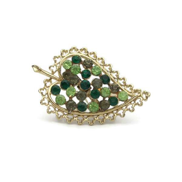 Vintage Green Rhinestone Leaf Brooch Gold Filigree Leaf Pin Shades of Green