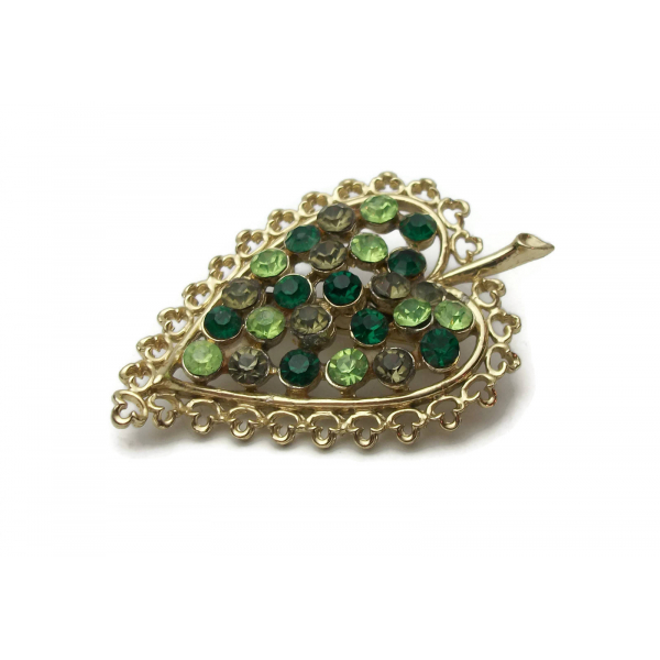 Vintage Green Rhinestone Leaf Brooch Gold Filigree Leaf Pin Shades of Green