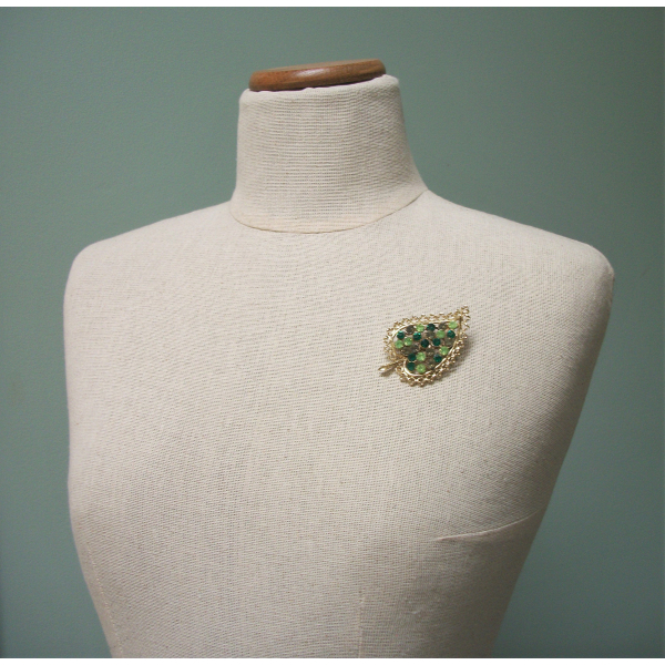 Vintage Green Rhinestone Leaf Brooch Gold Filigree Leaf Pin Shades of Green