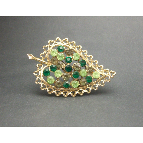 Vintage Green Rhinestone Leaf Brooch Gold Filigree Leaf Pin Shades of Green