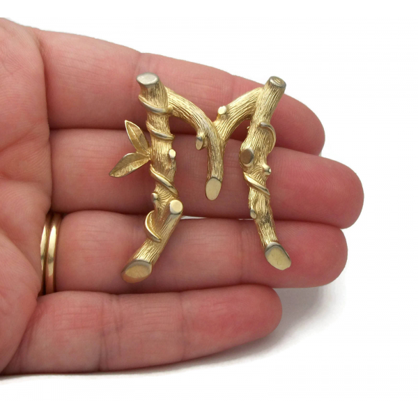 Vintage 1964 Sarah Coventry Gold Bamboo Letter M Initial Brooch 1960s Pin