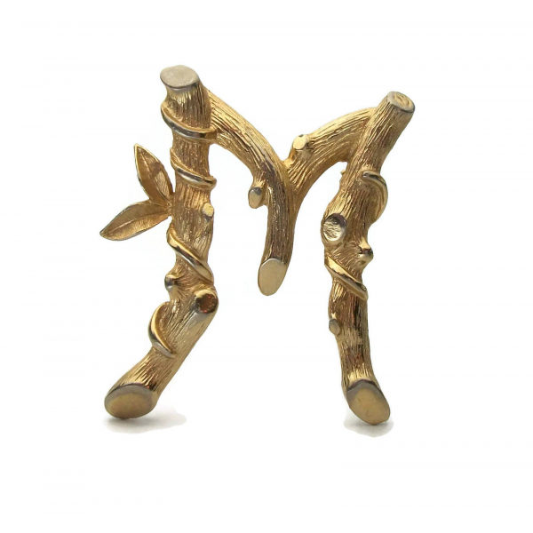 Vintage 1964 Sarah Coventry Gold Bamboo Letter M Initial Brooch 1960s Pin