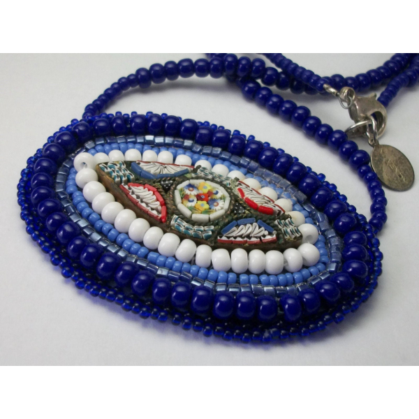 Vintage Micro Mosaic Necklace with Purple Blue Beaded 20 inch Chain M. Wendy