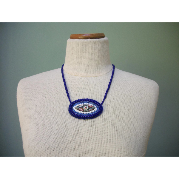 Vintage Micro Mosaic Bib Necklace with Purple Blue Beaded 20 inch Chain