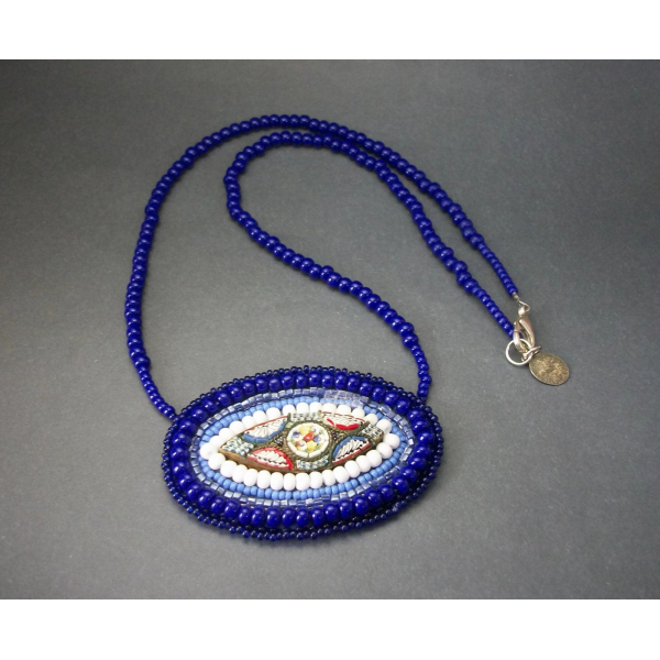 Vintage Micro Mosaic Necklace with Purple Blue Beaded 20 inch Chain Floral