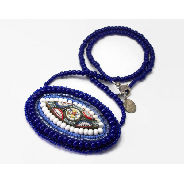 Vintage Micro Mosaic Necklace with Purple Blue Beaded 20 inch Chain Suede Back