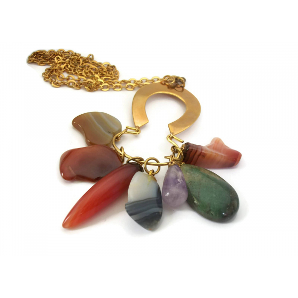 Vintage Semi Precious Polished Stones Pendant Necklace Long Gold 26 inch Chain