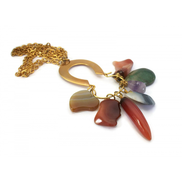 Vintage Semi Precious Polished Stones Pendant Statement Necklace Long Gold Chain