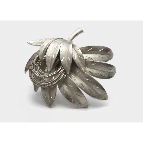 Vintage Signed Kramer Etched Silver Tone Brooch  Ornate Abstract Floral Leaves