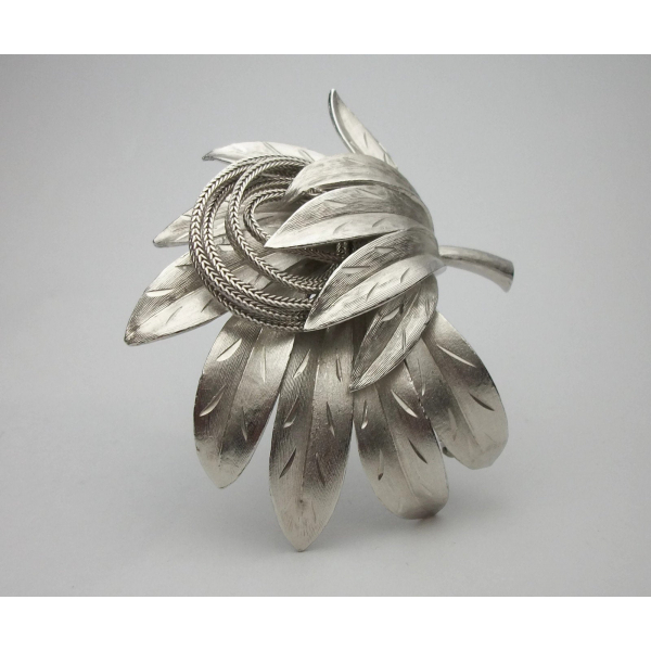 Vintage Signed Kramer Etched Silver Tone Brooch  Ornate Abstract Floral Leaves