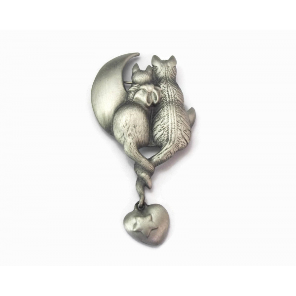 Vintage AJC Cattails Pewter Kitty Cat Brooch Two Cats in Love Moon Watching Pin