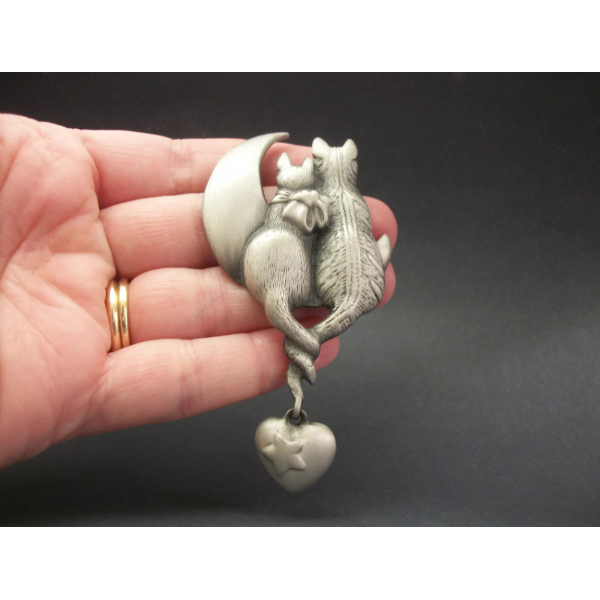 Vintage AJC Cattails Pewter Kitty Cat Brooch Two Cats in Love Moon Watching Pin
