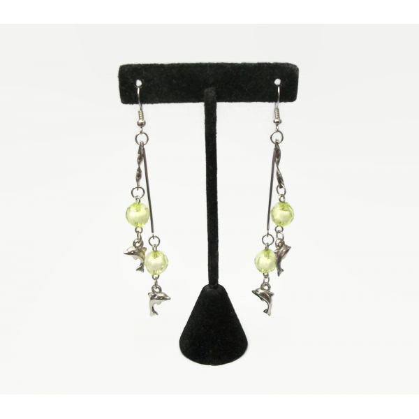 Vintage Long Dolphin Charm Dangle Earrings Silver with Chartreuse Beads