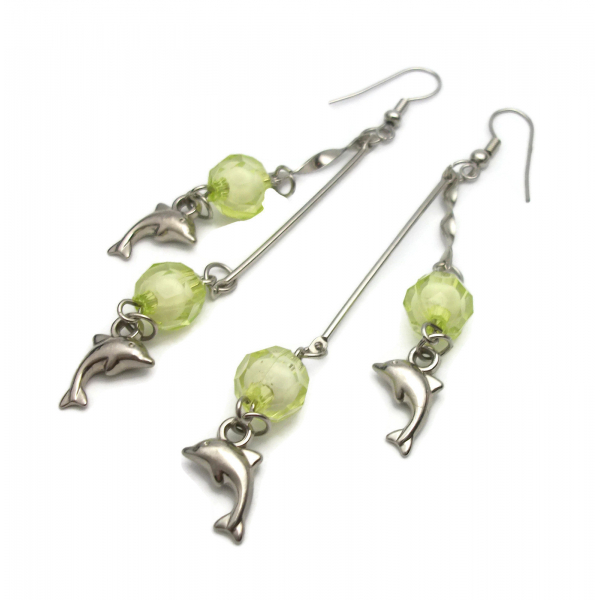 Vintage Long Dolphin Charm Dangle Earrings Silver Hooks Chartreuse Spring Green