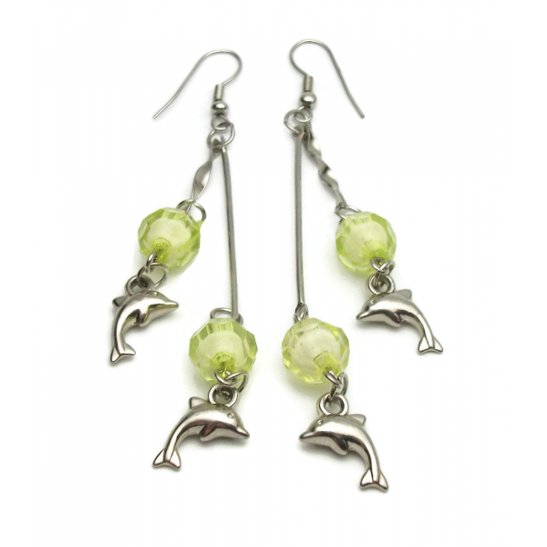 Vintage Long Dolphin Charm Dangle Earrings Silver Hooks Chartreuse Spring Green