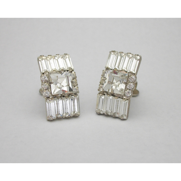 Vintage Clear Crystal Rhinestone Clip on Earrings Square Baguette Wedding Bridal