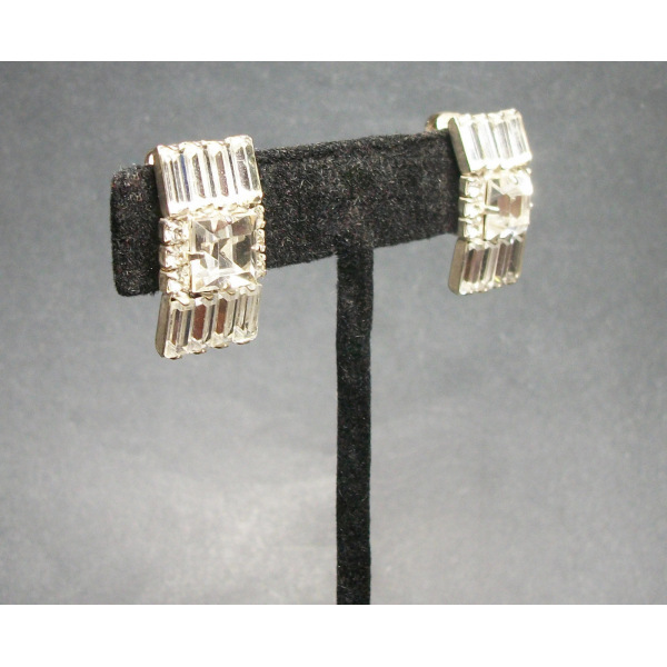 Vintage Clear Crystal Rhinestone Clip on Earrings Square Baguette Bride Jewelry
