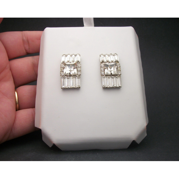 Vintage Clear Crystal Rhinestone Clip on Earrings Square Baguette Wedding Jewelr