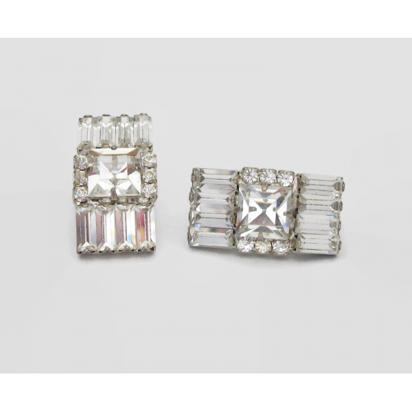 Vintage Clear Crystal Rhinestone Clip on Earrings Square Baguette and Round Cut