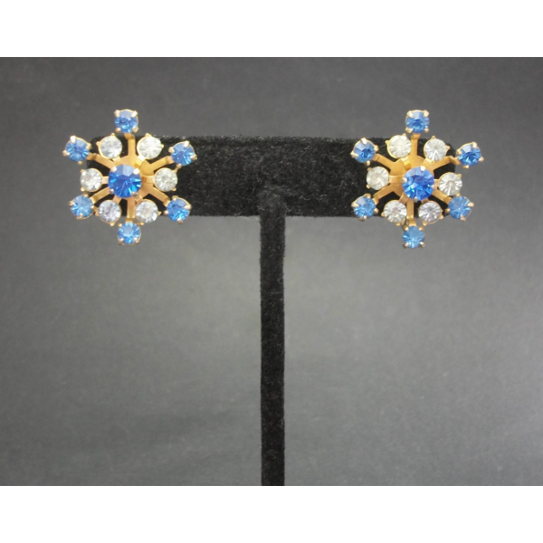 Vintage Coro Two Tone Blue Rhinestone Screw Back Clip on Earrings Mid Century