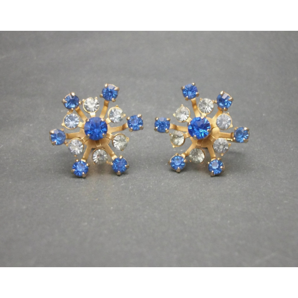 Vintage Coro Two Tone Blue Rhinestone Screw Back Clip on Earrings Gold Floral