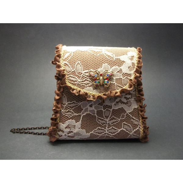 Vintage Small Wristlet Purse Brown with White Lace & Brown Ruffles Tiny Purse