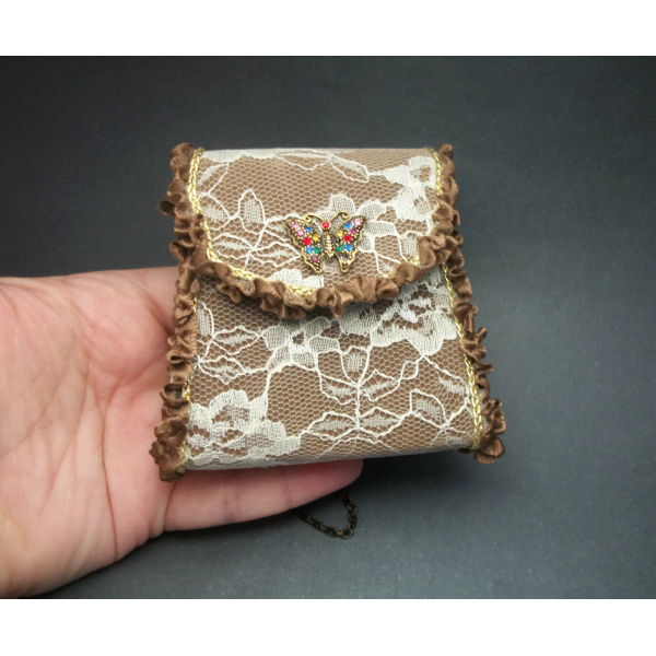Vintage Small Wristlet Purse Brown with White Lace & Brown Ruffles Tiny Purse