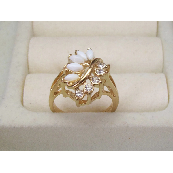 Vintage Opal and Clear Rhinestone Gold Cocktail Ring Size 6 1 /2