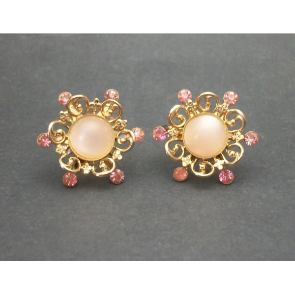 Vintage Coro Screw Back Clip on Earrings Gold Tone Floral Design Pink Moonglow